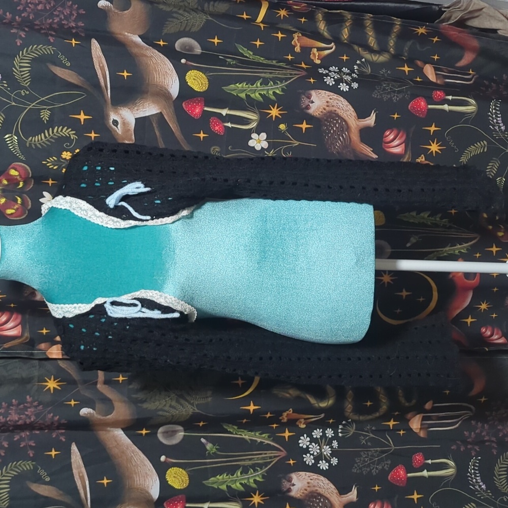 Black Crochet Shrug Blue Bows White Lace